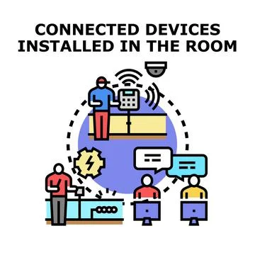 Connected smart devices installing control system in room Illustrazione stock
