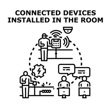 Connected smart devices installing control system in room Illustrazione stock