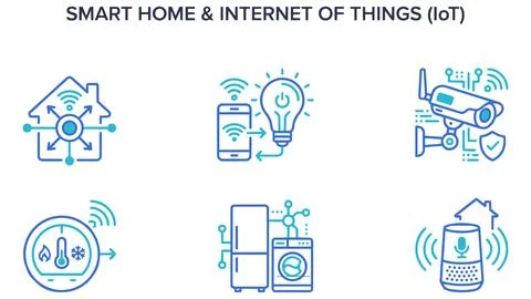 Connected smart home systems and io t device icon set with automation Illustration