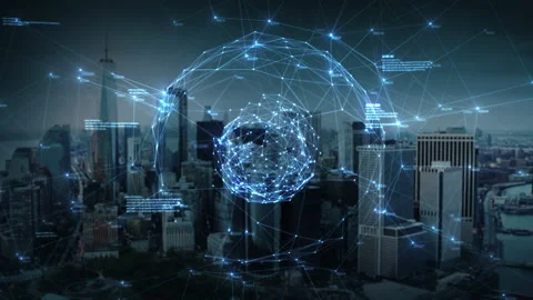 Connected Sphere Rotating over New York City Skyline Silhouette. Stock Footage 166477140
