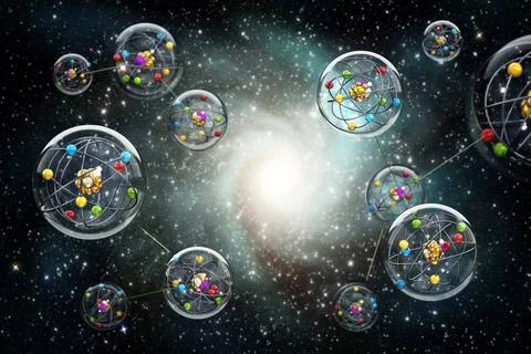 Connected spheres with molecules connected to each other. Parallel univers... Fotos Stock