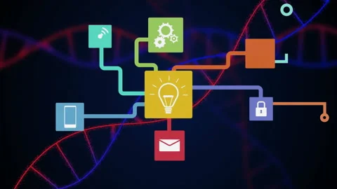 Connected technology icons over DNA strand, showcasing animation in digital Stock Footage 304010505