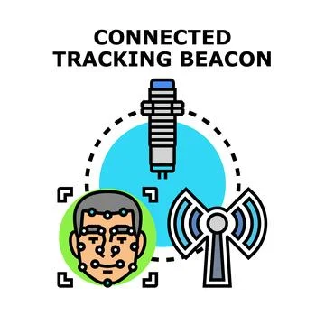 Connected tracking beacon detecting human face for data processing Stock Illustration