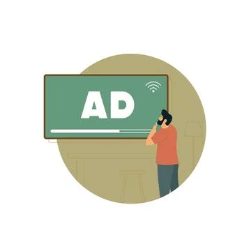 Connected TV ad vector illustration captures home viewer engagement as bearded Stock Illustration