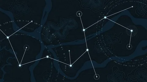 Connected urban network map with abstract city layout and linked nodes showing Stock Illustration