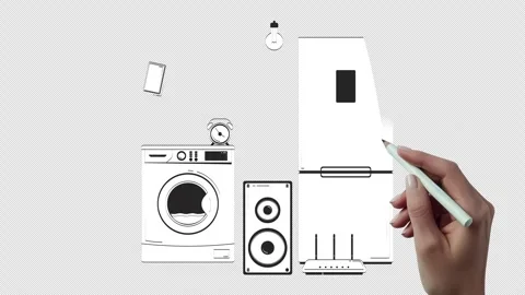 Connected via Wi-Fi smart home appliances hand drawn whiteboard sketch animation Stock Footage 308512384