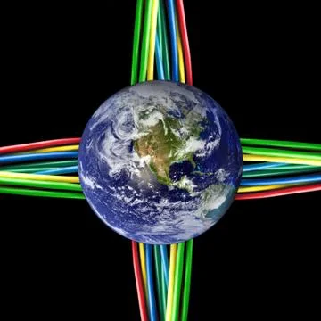 Connected world - Colored cables wired to the Earth Globe Stock Photos
