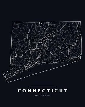 Connecticut CT Map Counties Highways Roads Dark Mode Editable Vector Stock Illustration