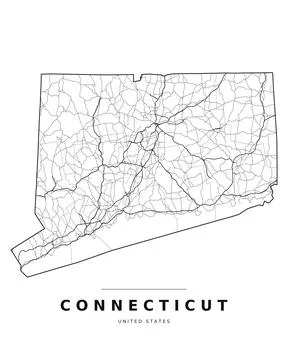 Connecticut CT Map Counties Highways Roads Black White Editable Vector Stock Illustration