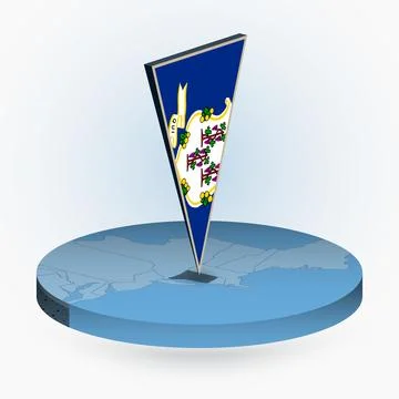Connecticut map in round isometric style with triangular 3D flag of US Stat.. Stock Illustration
