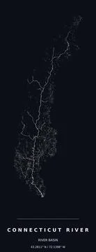 Connecticut River Basin Watershed Map Line Art Dark Poster Stock Illustration