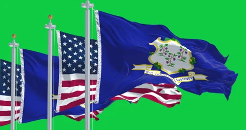 Connecticut state flags waving with the US flags isolated on green background Stock Footage 330659713