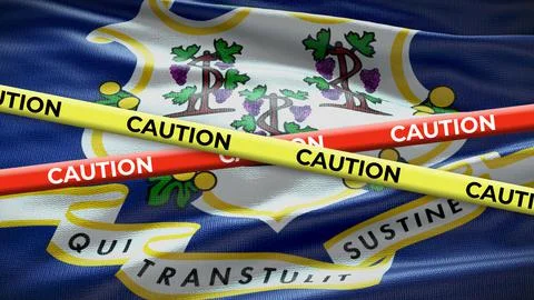 Connecticut state symbol flag with caution tape. 3D illustration Illustrazione stock