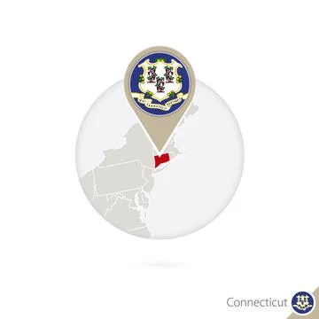 Connecticut US State map and flag in circle. Map of Connecticut, Connecticu.. Stock Illustration