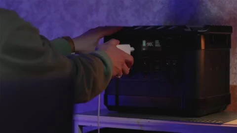 Connecting AC adapter to portable power station during blackout Stock Footage 334732350