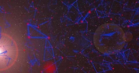 Connecting blue constellation lines and red nodes spanning center of space Stock Illustration