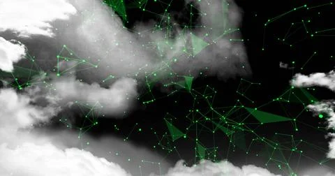 Connecting bright green nodes into triangular mesh in digital space, with gray Illustrazione stock