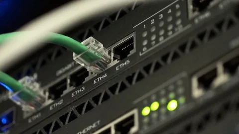 Connecting Cable And The LED Lights Blinks. The Internet Server And Server of Video stock 73051752