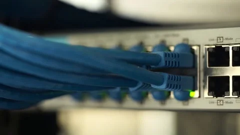 Connecting Cable And The LED Lights Blinks. The Internet Server And Server of Video stock 73052056