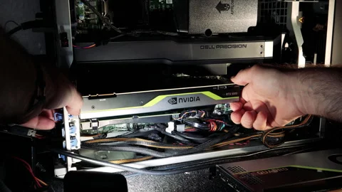 Connecting Cables Inside Dell Precision Workstation with NVIDIA Quadro Stock Footage 303428392