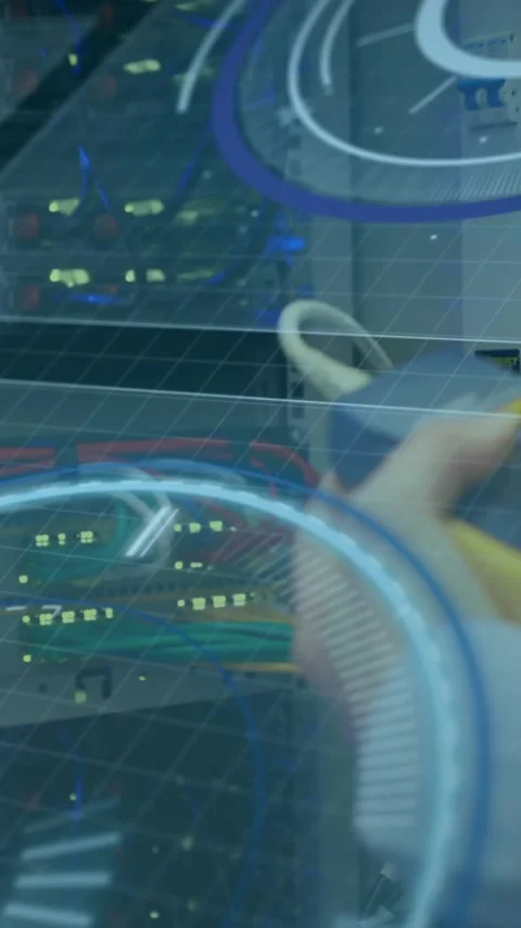 Connecting cables in server room, data processing animation over tech equipment Stock Footage 319883030