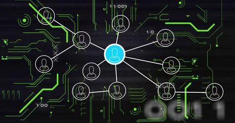 Connecting central blue user icon to white user icons on network diagram with 库存照片