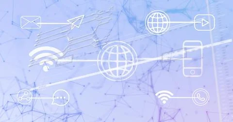 Connecting central globe icon on blue-purple gradient with various line Stock Photos