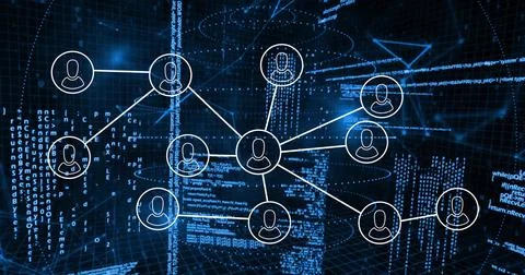 Connecting central hub node linking white circular avatars via spokes in 3D Illustrazione stock