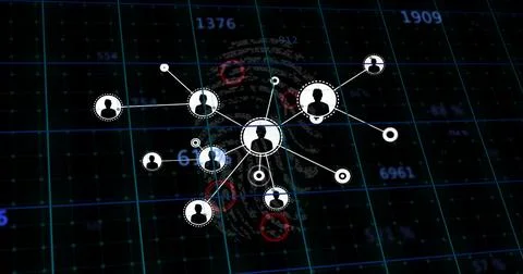 Connecting central white avatar nodes pulsating on security dashboard, with Stock-Illustration