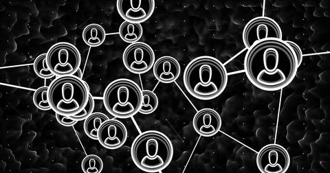 Connecting circular user profile icons by lines in digital network with particle Illustrazione stock