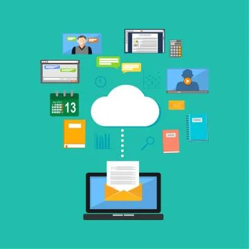 Connecting to cloud computing concept. Accessing cloud contents. Multimedia i 스톡 일러스트