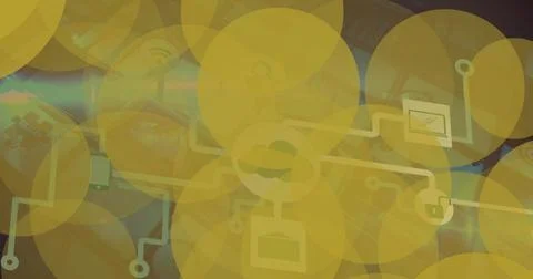 Connecting cloud-to-server tech icons on gradient background, with lines and Stock Photos