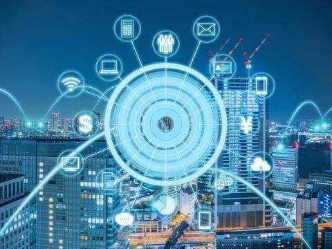 Connecting computer networks to modern cities in the future Stock Photos