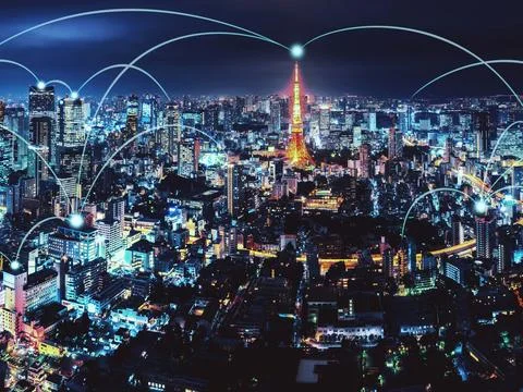 Connecting computer networks to modern cities in the future Foto stock