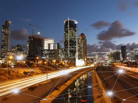 Connecting computer networks to modern cities in the future Foto stock