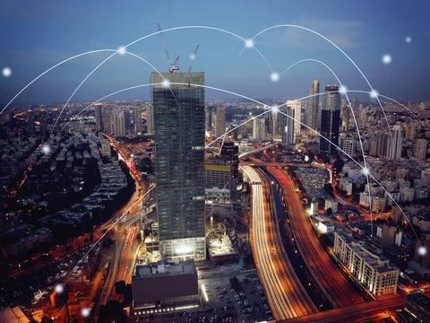 Connecting computer networks to modern cities in the future Foto stock