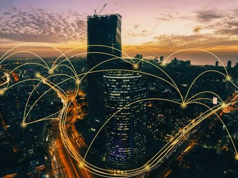 Connecting computer networks to modern cities in the future Foto stock