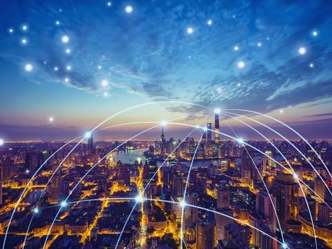 Connecting computer networks to modern cities in the future 스톡 사진