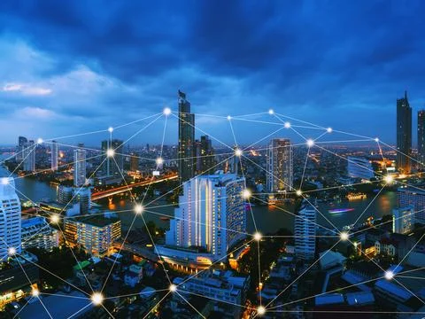 Connecting computer networks to modern cities in the future 스톡 사진