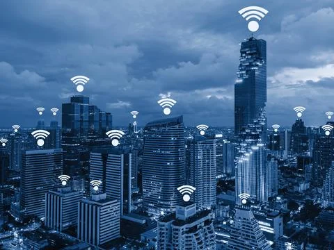 Connecting computer networks to modern cities in the future 스톡 사진