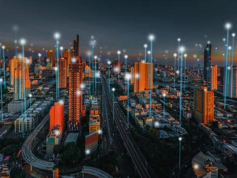 Connecting computer networks to modern cities in the future 스톡 사진