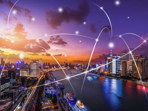 Connecting computer networks to modern cities in the future Stock Photos