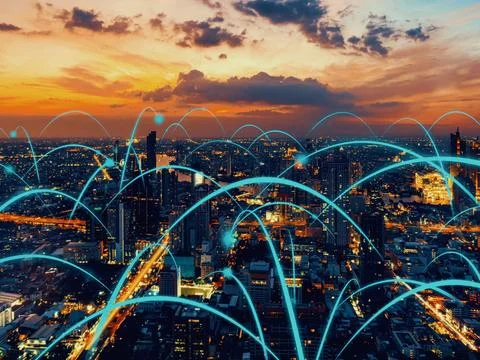 Connecting computer networks to modern cities in the future Foto stock