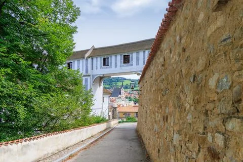 Connecting corridor bridge between Castle Theatre and Castle Gardens. Cesky.. Stock Photos