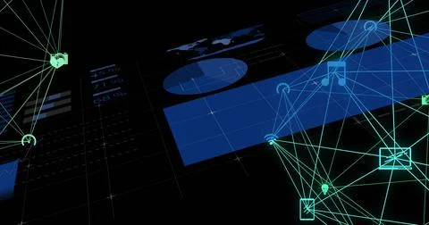 Connecting cyan nodes forming web on dashboard, showing device icons and percent Stock Illustration