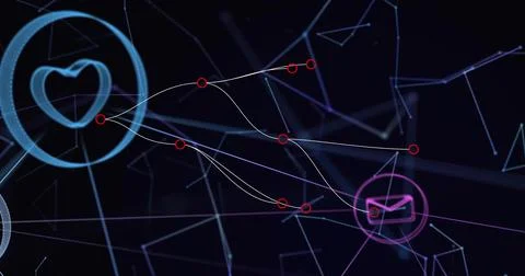 Connecting data paths linking cyan heart and magenta envelope across virtual イラスト素材