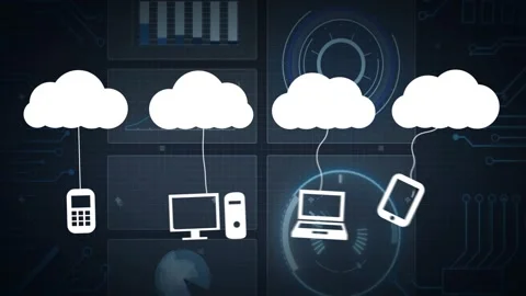 Connecting devices with cloud computing icons over digital animation background Stock Footage 329972329