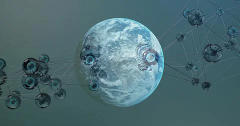 Connecting Earthlike globe via hub interfaces to glossy nodes with glowing cores 스톡 일러스트