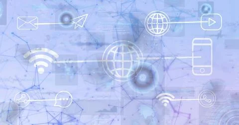 Connecting globe icon forming network in digital map background, with email Stock Photos