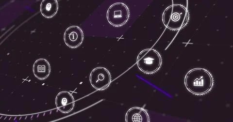 Connecting glowing UI icons floating across dark purple screen, showing search Stock Illustration